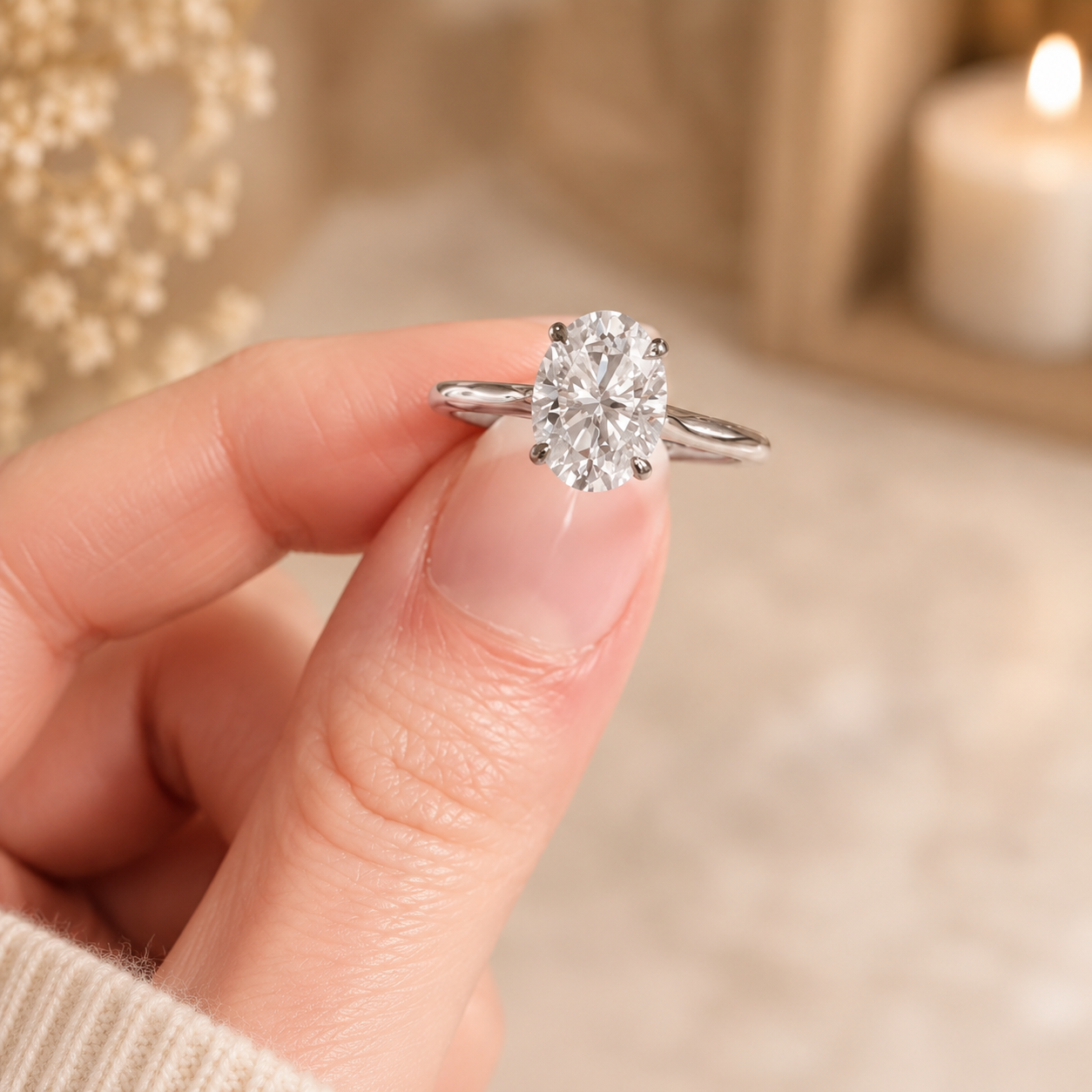 3.00 CT Oval Lab-Grown Diamond Hidden Halo Engagement Ring in 14K White Gold – Hidden Heart Detail Pavé Bridge Design