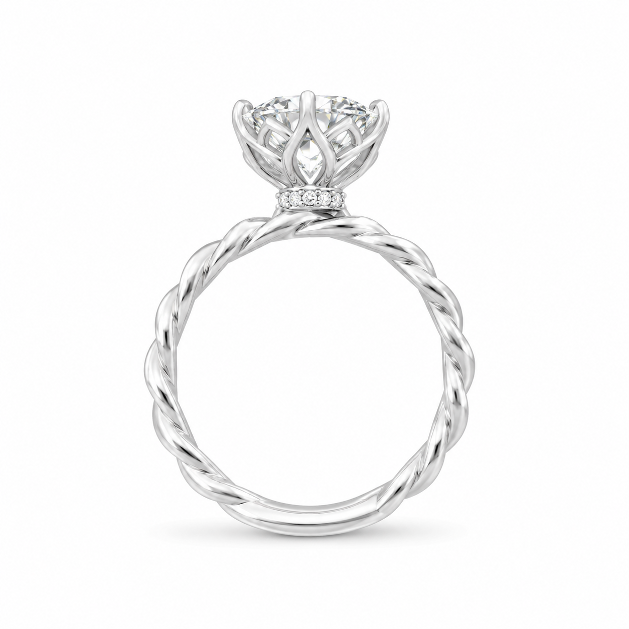 3.00 CT Round Lab-Grown Diamond Hidden Halo Engagement Ring in 14K White Gold – Lotus Floral Infinity Twist Vine Band Design