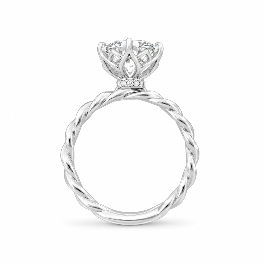 3.00 CT Round Lab-Grown Diamond Hidden Halo Engagement Ring in 14K White Gold – Lotus Floral Infinity Twist Vine Band Design
