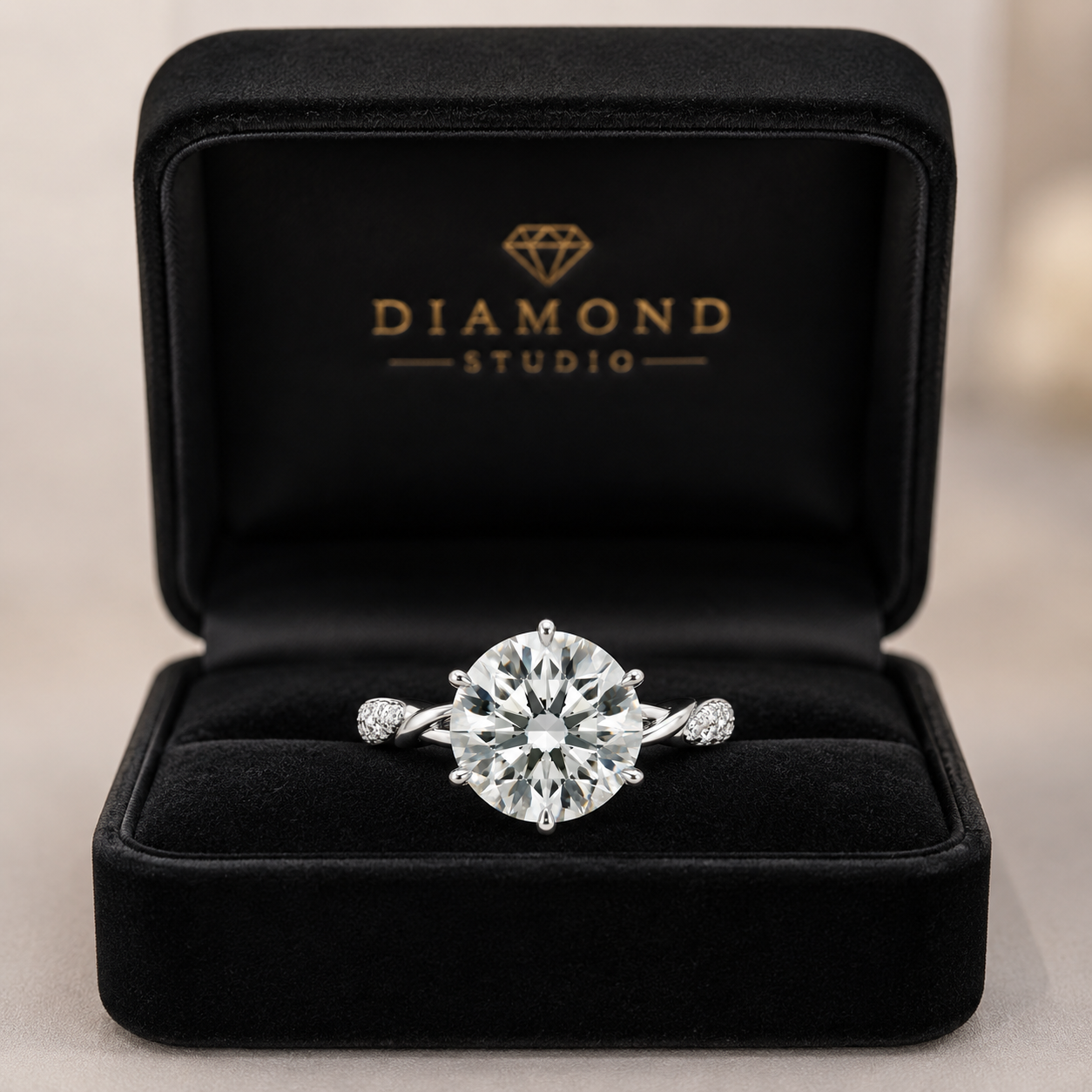 3.00 CT Round Lab-Grown Diamond Hidden Halo Engagement Ring in 14K White Gold – Lotus Floral Infinity Twist Vine Band Design