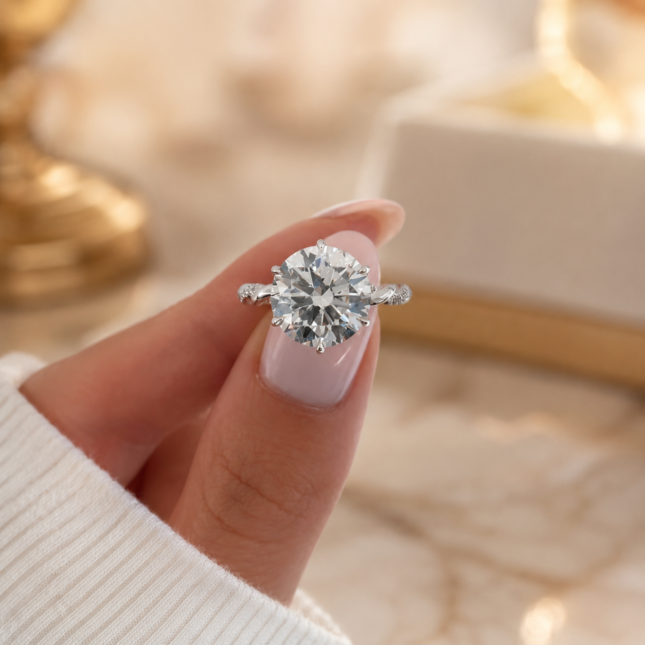 3.00 CT Round Lab-Grown Diamond Hidden Halo Engagement Ring in 14K White Gold – Lotus Floral Infinity Twist Vine Band Design