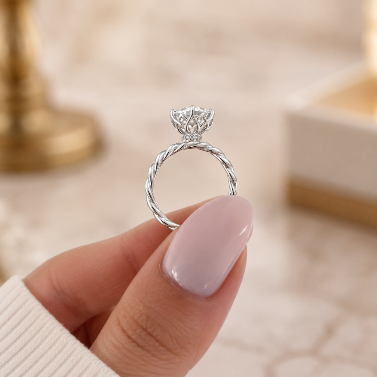 3.00 CT Round Lab-Grown Diamond Hidden Halo Engagement Ring in 14K White Gold – Lotus Floral Infinity Twist Vine Band Design