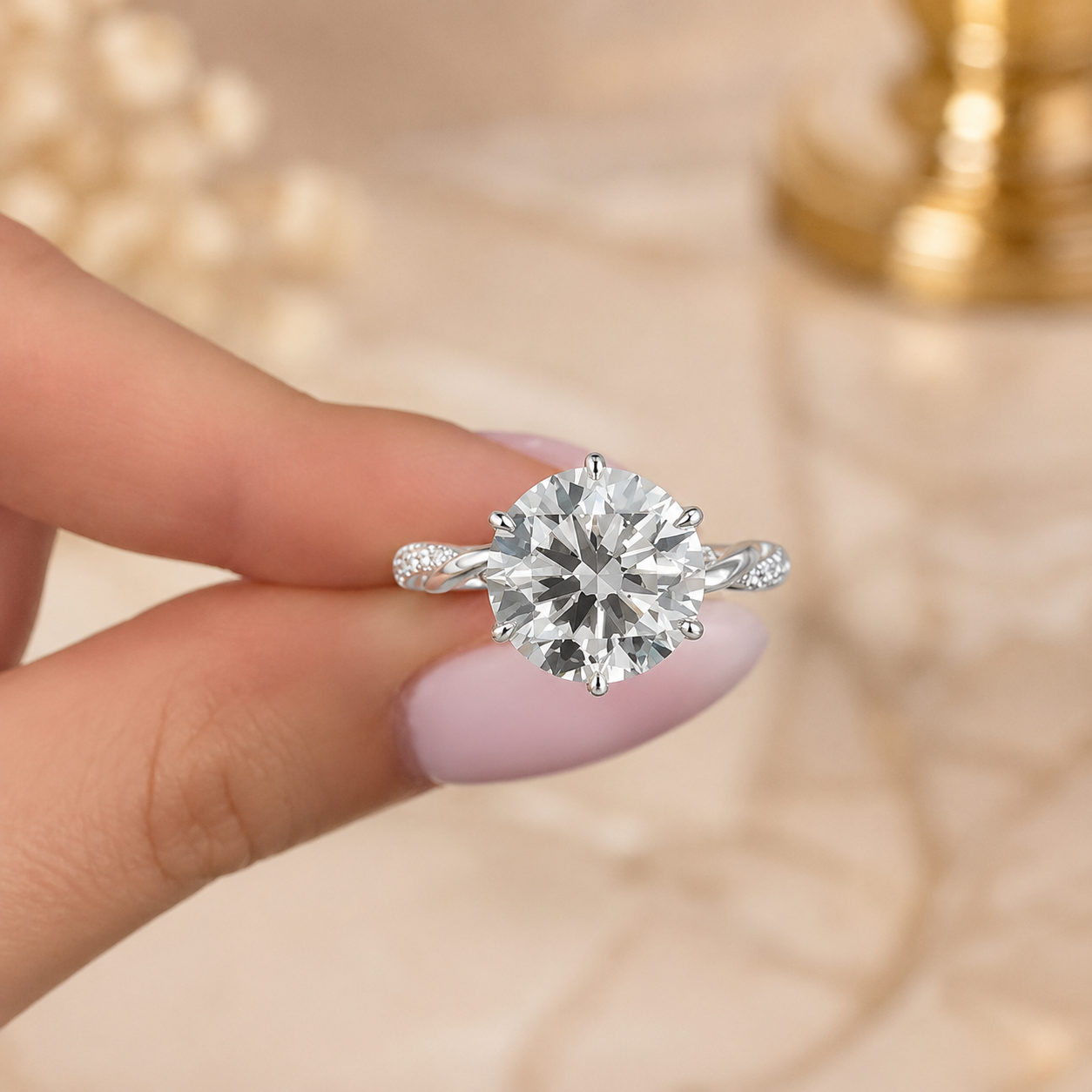 3.00 CT Round Lab-Grown Diamond Hidden Halo Engagement Ring in 14K White Gold – Lotus Floral Infinity Twist Vine Band Design