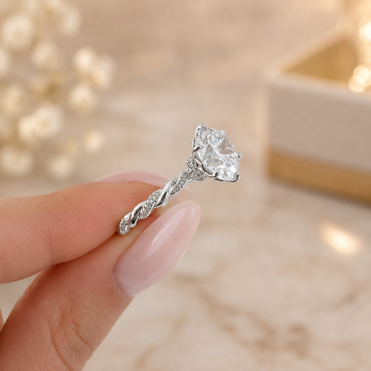 3.00 CT Round Lab-Grown Diamond Hidden Halo Engagement Ring in 14K White Gold – Lotus Floral Infinity Twist Vine Band Design
