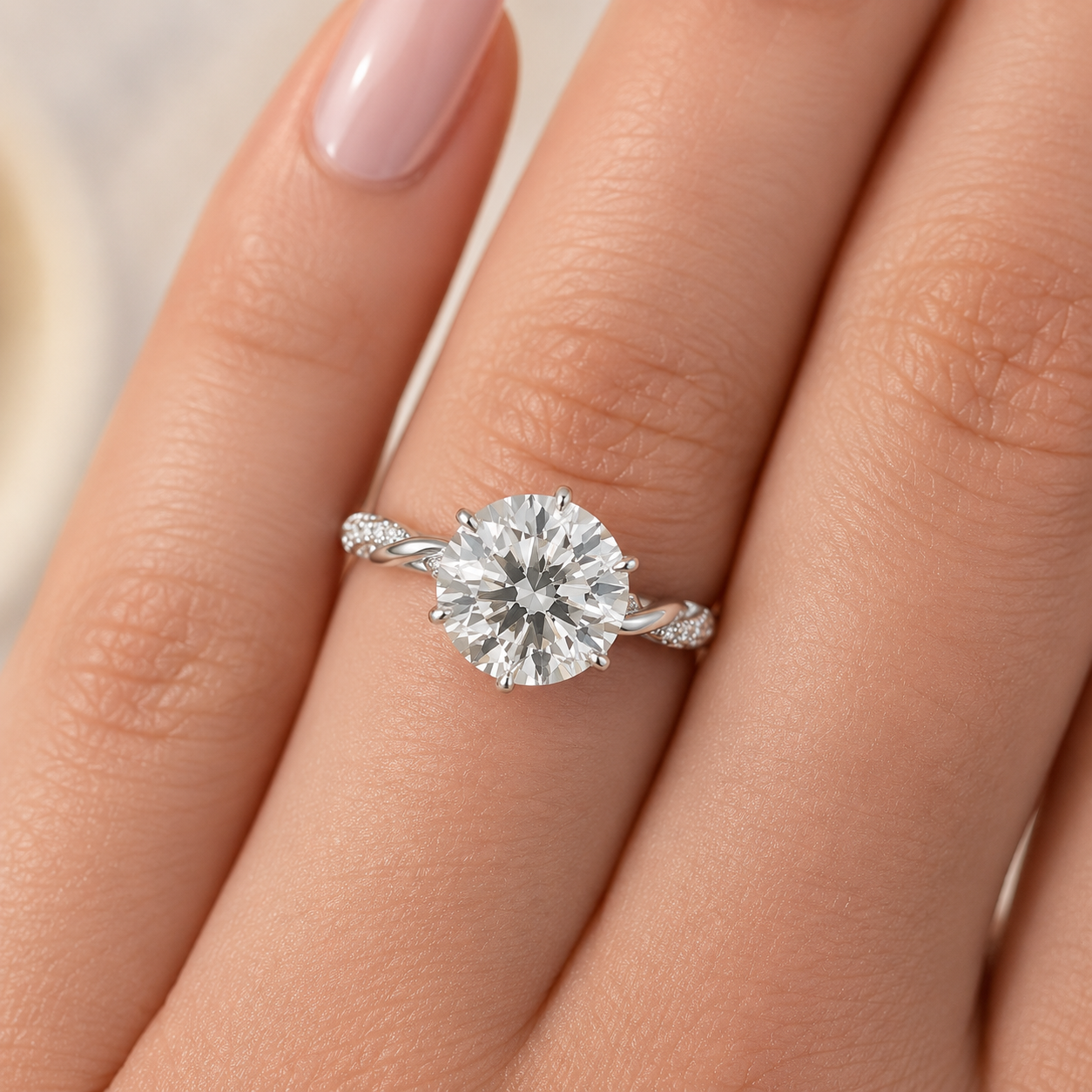 3.00 CT Round Lab-Grown Diamond Hidden Halo Engagement Ring in 14K White Gold – Lotus Floral Infinity Twist Vine Band Design