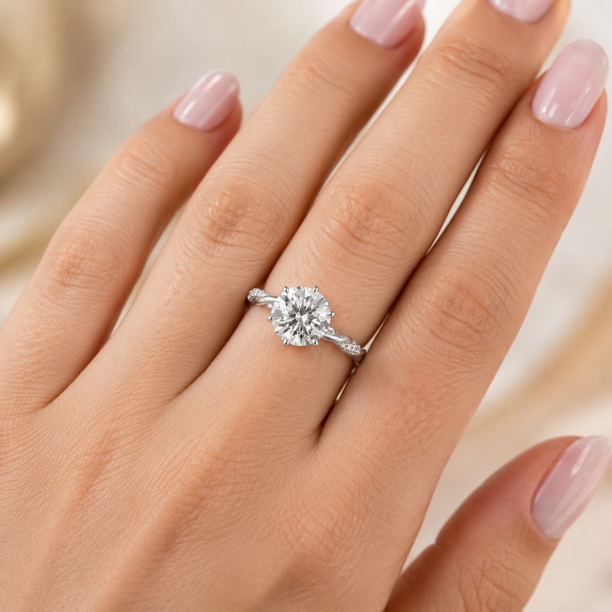 3.00 CT Round Lab-Grown Diamond Hidden Halo Engagement Ring in 14K White Gold – Lotus Floral Infinity Twist Vine Band Design