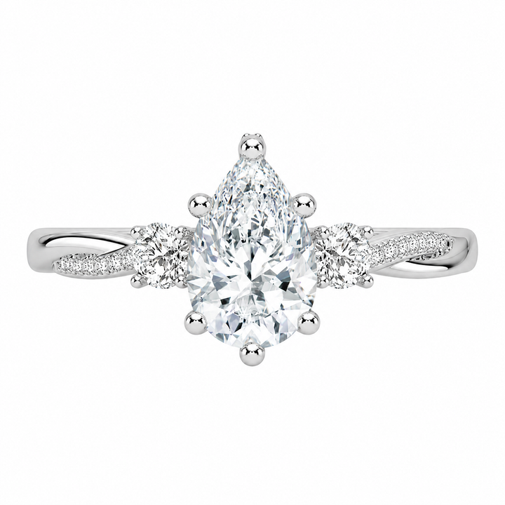 3.00 CT Pear Lab-Grown Diamond Hidden Halo Three Stone Engagement Ring in 14K White Gold â€“ Petite Twisted Vine Design from Diamond Studio