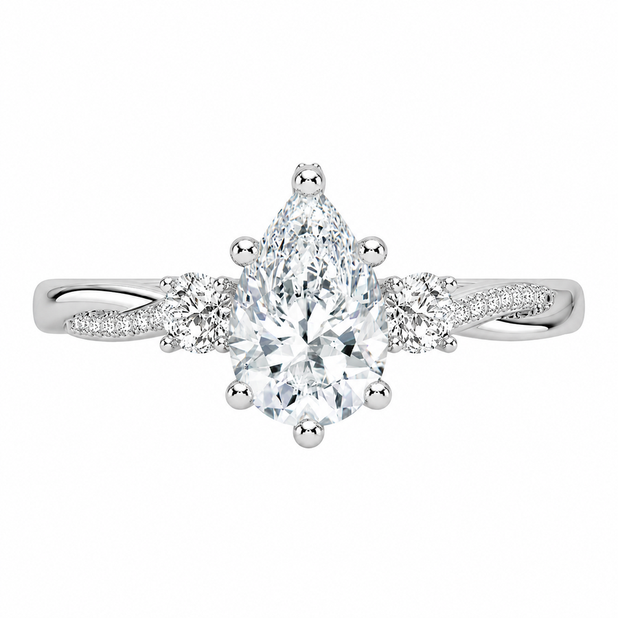3.00 CT Pear Lab-Grown Diamond Hidden Halo Three Stone Engagement Ring in 14K White Gold – Petite Twisted Vine Design