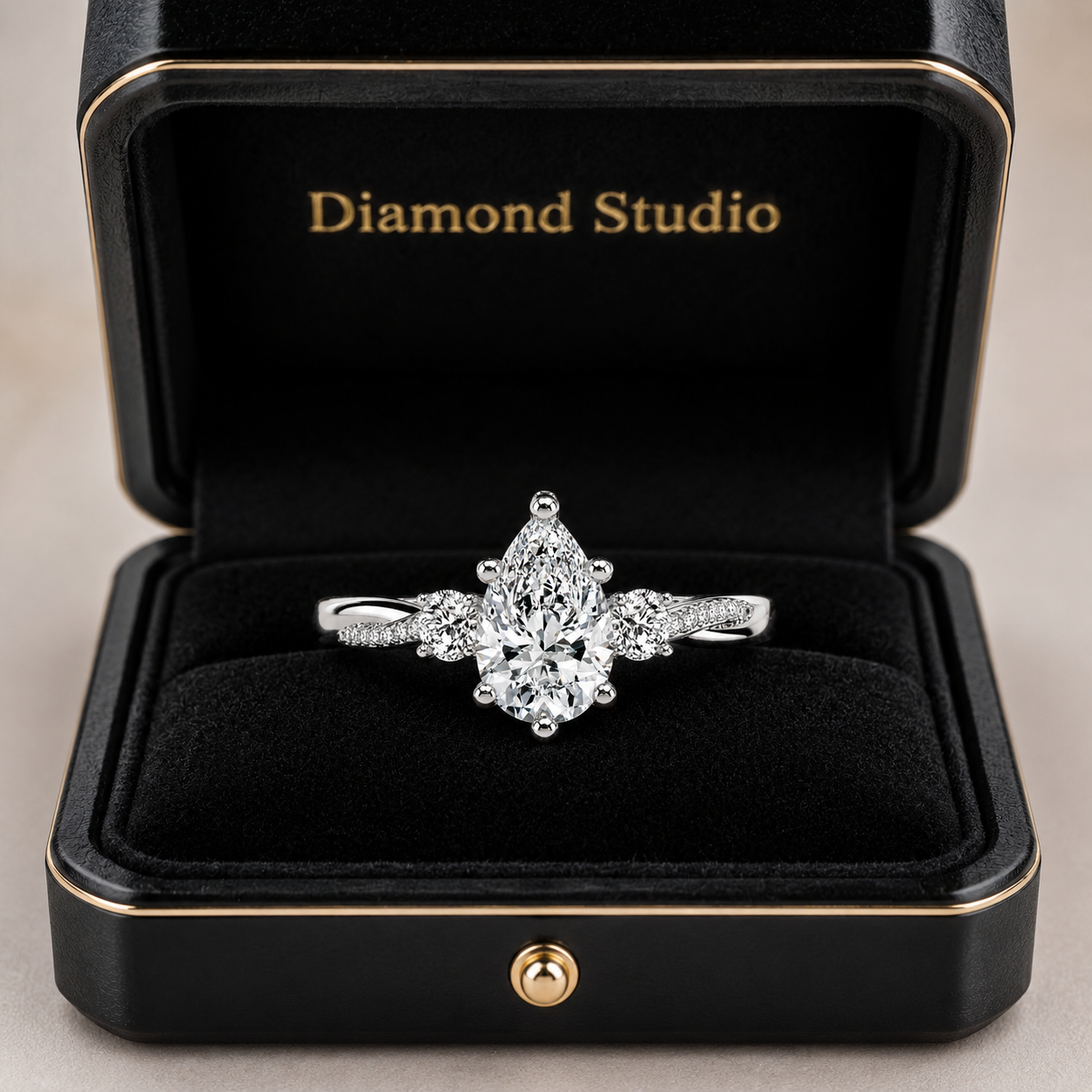 3.00 CT Pear Lab-Grown Diamond Hidden Halo Three Stone Engagement Ring in 14K White Gold – Petite Twisted Vine Design