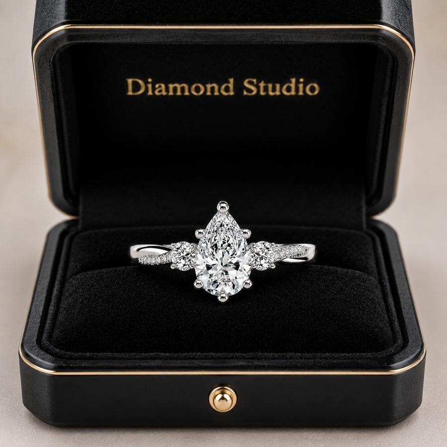 3.00 CT Pear Lab-Grown Diamond Hidden Halo Three Stone Engagement Ring in 14K White Gold – Petite Twisted Vine Design