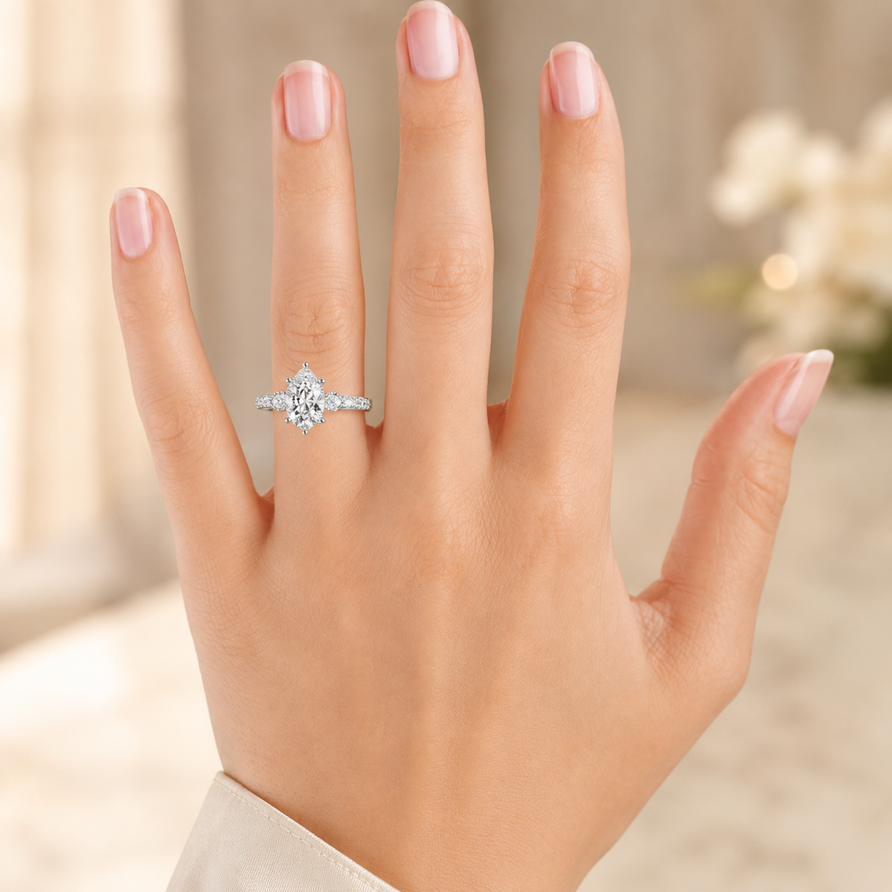 3.00 CT Pear Lab-Grown Diamond Hidden Halo Three Stone Engagement Ring in 14K White Gold – Petite Twisted Vine Design