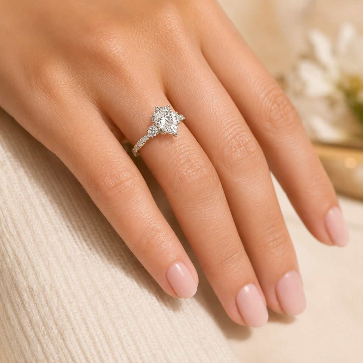 3.00 CT Pear Lab-Grown Diamond Hidden Halo Three Stone Engagement Ring in 14K White Gold – Petite Twisted Vine Design