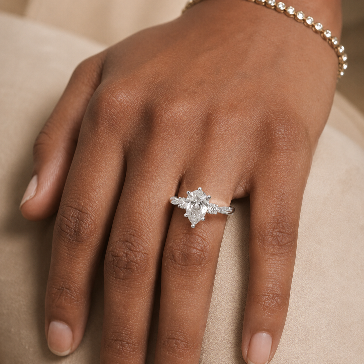 3.00 CT Pear Lab-Grown Diamond Hidden Halo Three Stone Engagement Ring in 14K White Gold – Petite Twisted Vine Design