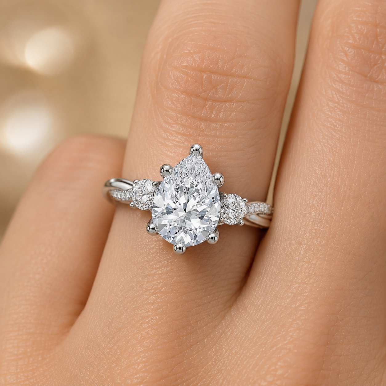 3.00 CT Pear Lab-Grown Diamond Hidden Halo Three Stone Engagement Ring in 14K White Gold – Petite Twisted Vine Design