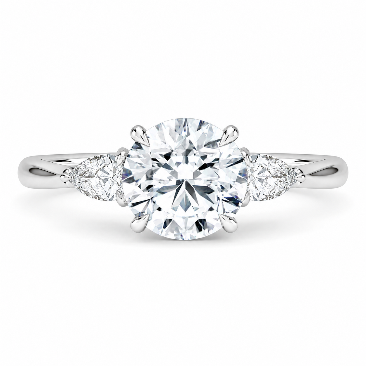 2.00 CT Pear Lab-Grown Diamond Hidden Halo Three Stone Engagement Ring in 14K White Gold – Petal Inspired Botanical Design