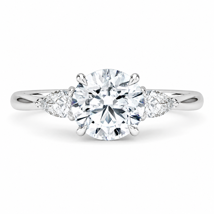 2.00 CT Pear Lab-Grown Diamond Hidden Halo Three Stone Engagement Ring in 14K White Gold â€“ Petal Inspired Botanical Design from Diamond Studio