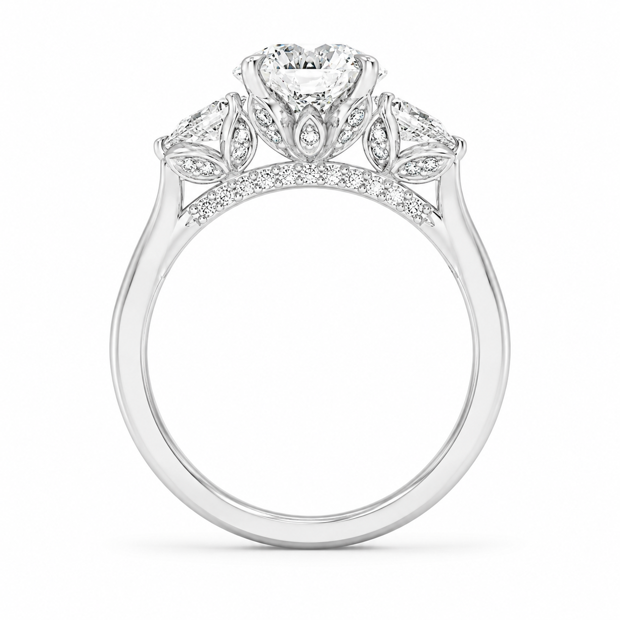 2.00 CT Pear Lab-Grown Diamond Hidden Halo Three Stone Engagement Ring in 14K White Gold – Petal Inspired Botanical Design