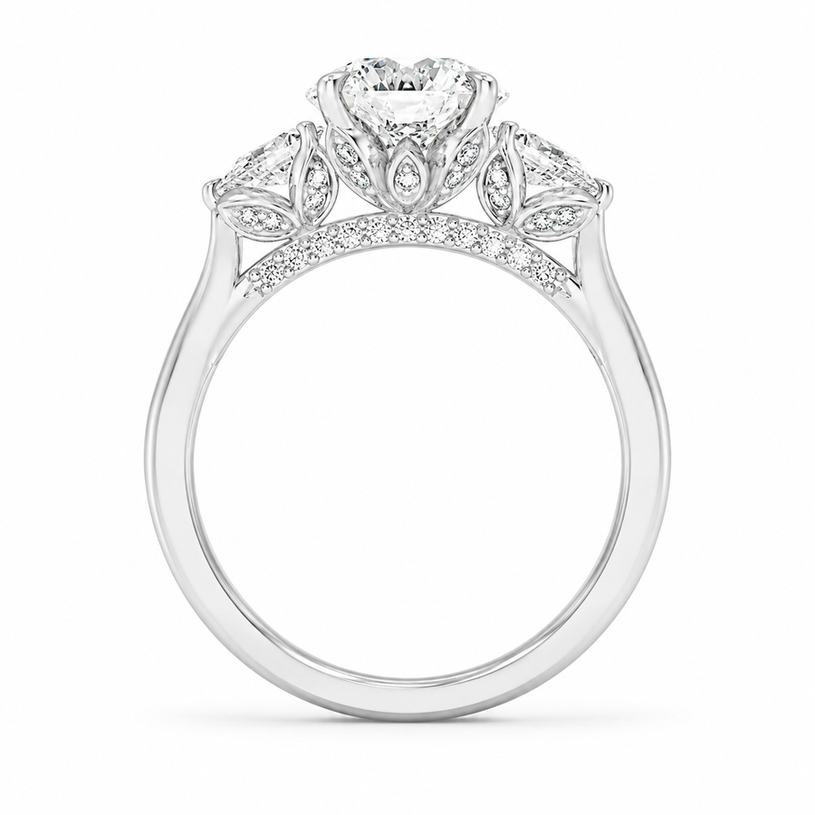 2.00 CT Pear Lab-Grown Diamond Hidden Halo Three Stone Engagement Ring in 14K White Gold – Petal Inspired Botanical Design