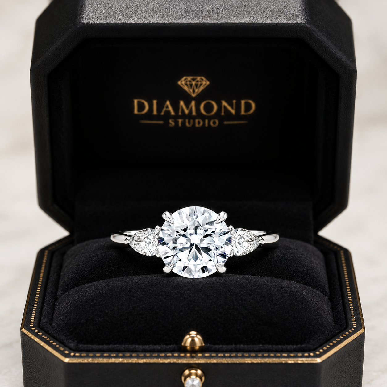2.00 CT Pear Lab-Grown Diamond Hidden Halo Three Stone Engagement Ring in 14K White Gold – Petal Inspired Botanical Design