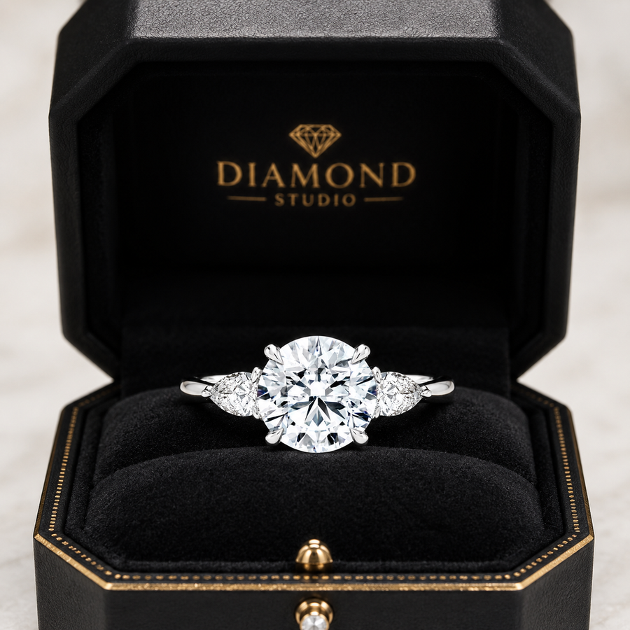 2.00 CT Pear Lab-Grown Diamond Hidden Halo Three Stone Engagement Ring in 14K White Gold – Petal Inspired Botanical Design