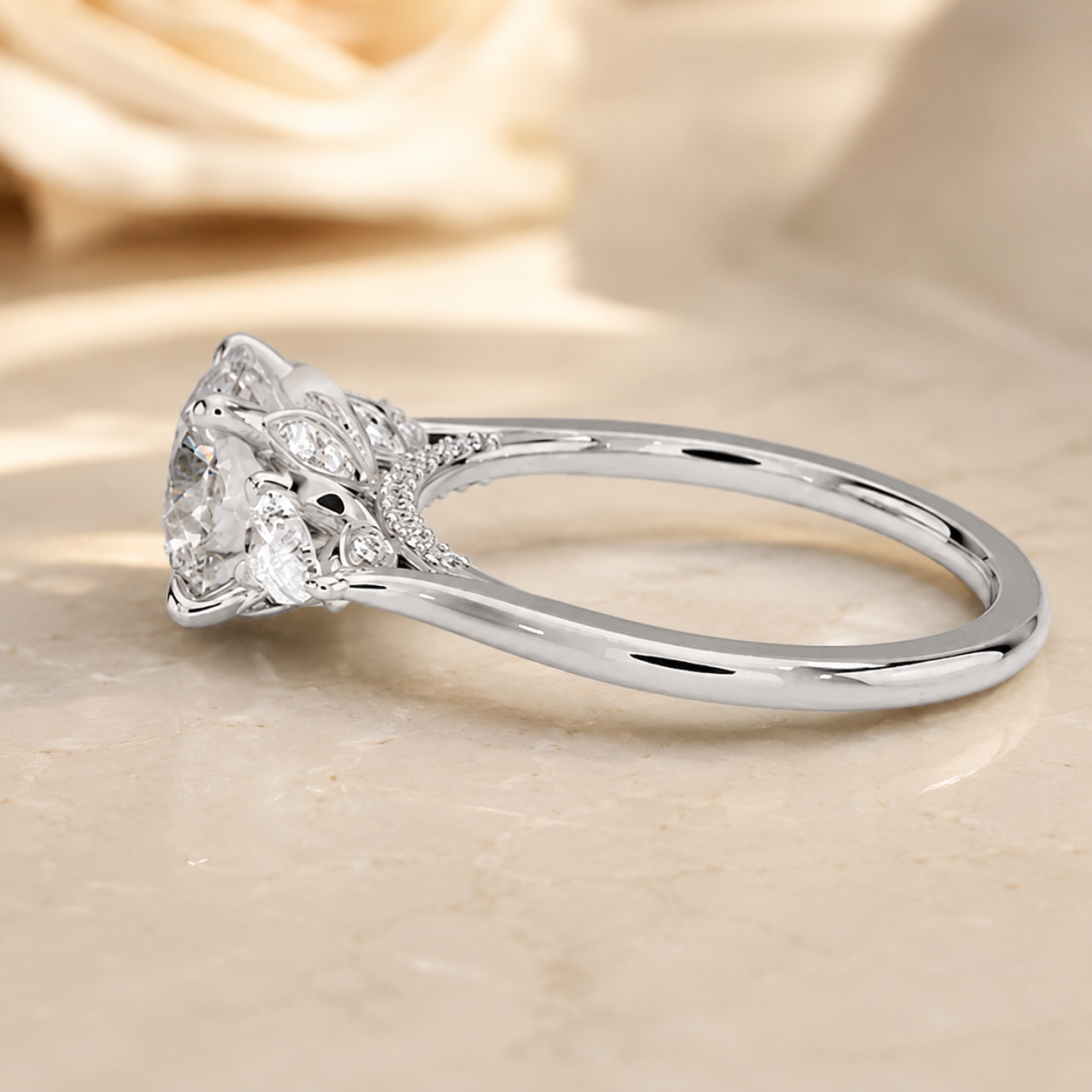 2.00 CT Pear Lab-Grown Diamond Hidden Halo Three Stone Engagement Ring in 14K White Gold – Petal Inspired Botanical Design