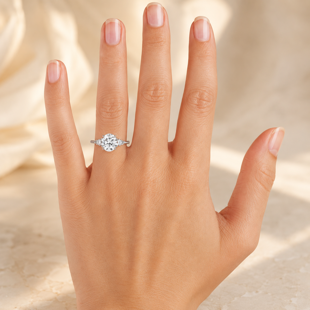 2.00 CT Pear Lab-Grown Diamond Hidden Halo Three Stone Engagement Ring in 14K White Gold – Petal Inspired Botanical Design