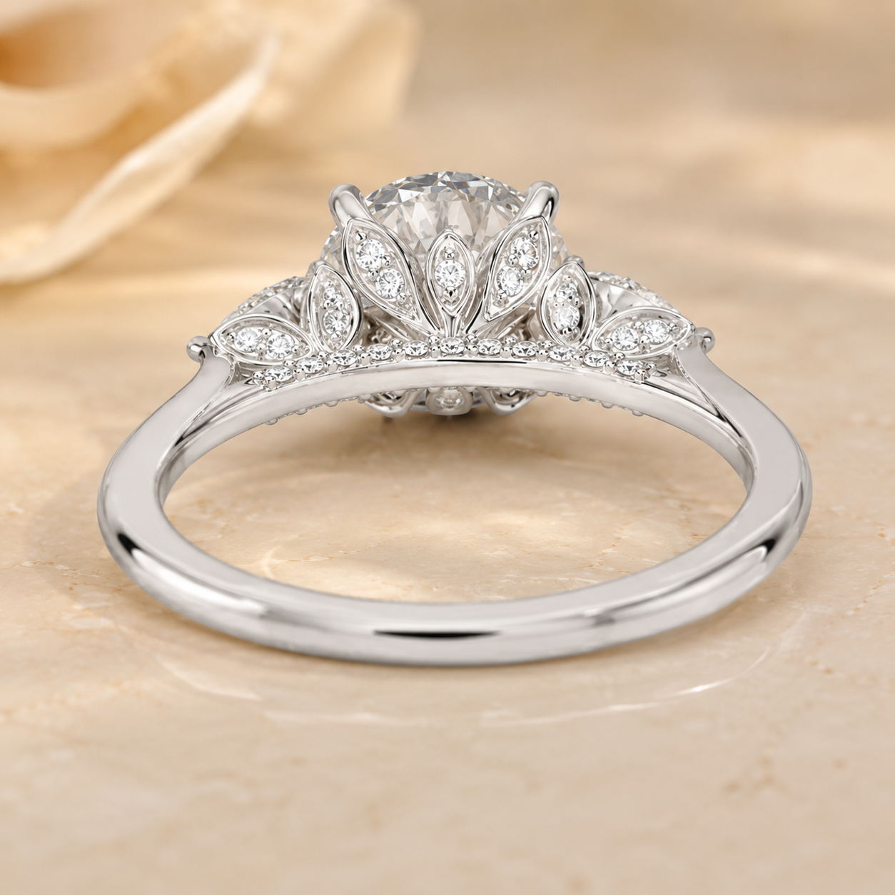 2.00 CT Pear Lab-Grown Diamond Hidden Halo Three Stone Engagement Ring in 14K White Gold – Petal Inspired Botanical Design