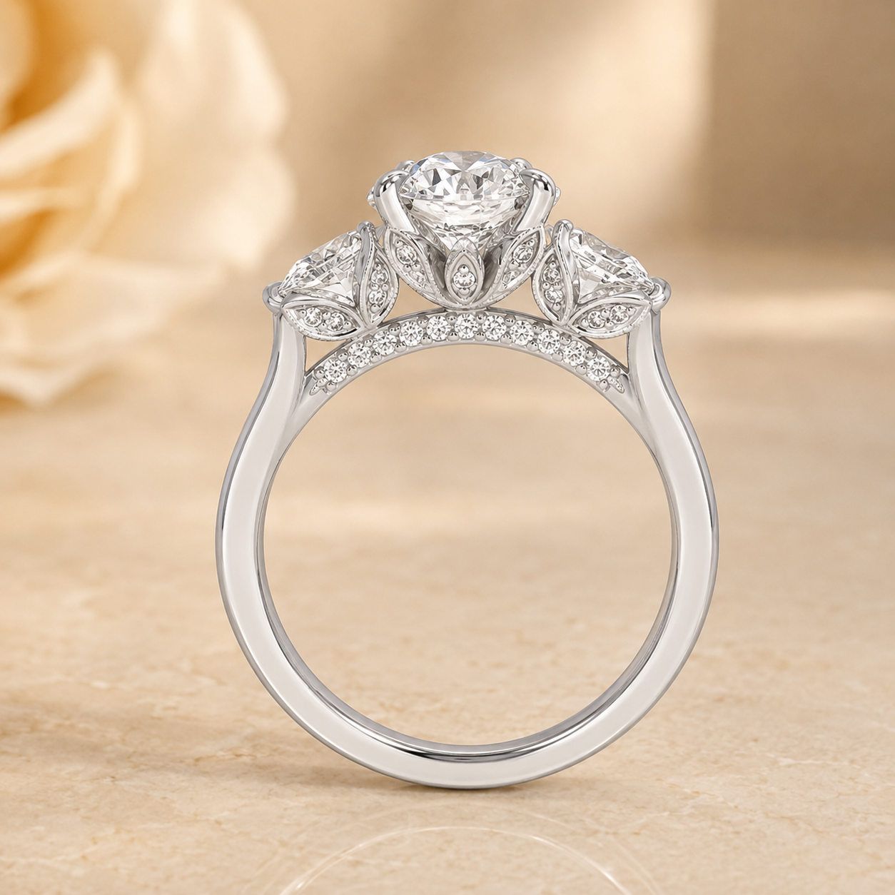2.00 CT Pear Lab-Grown Diamond Hidden Halo Three Stone Engagement Ring in 14K White Gold – Petal Inspired Botanical Design
