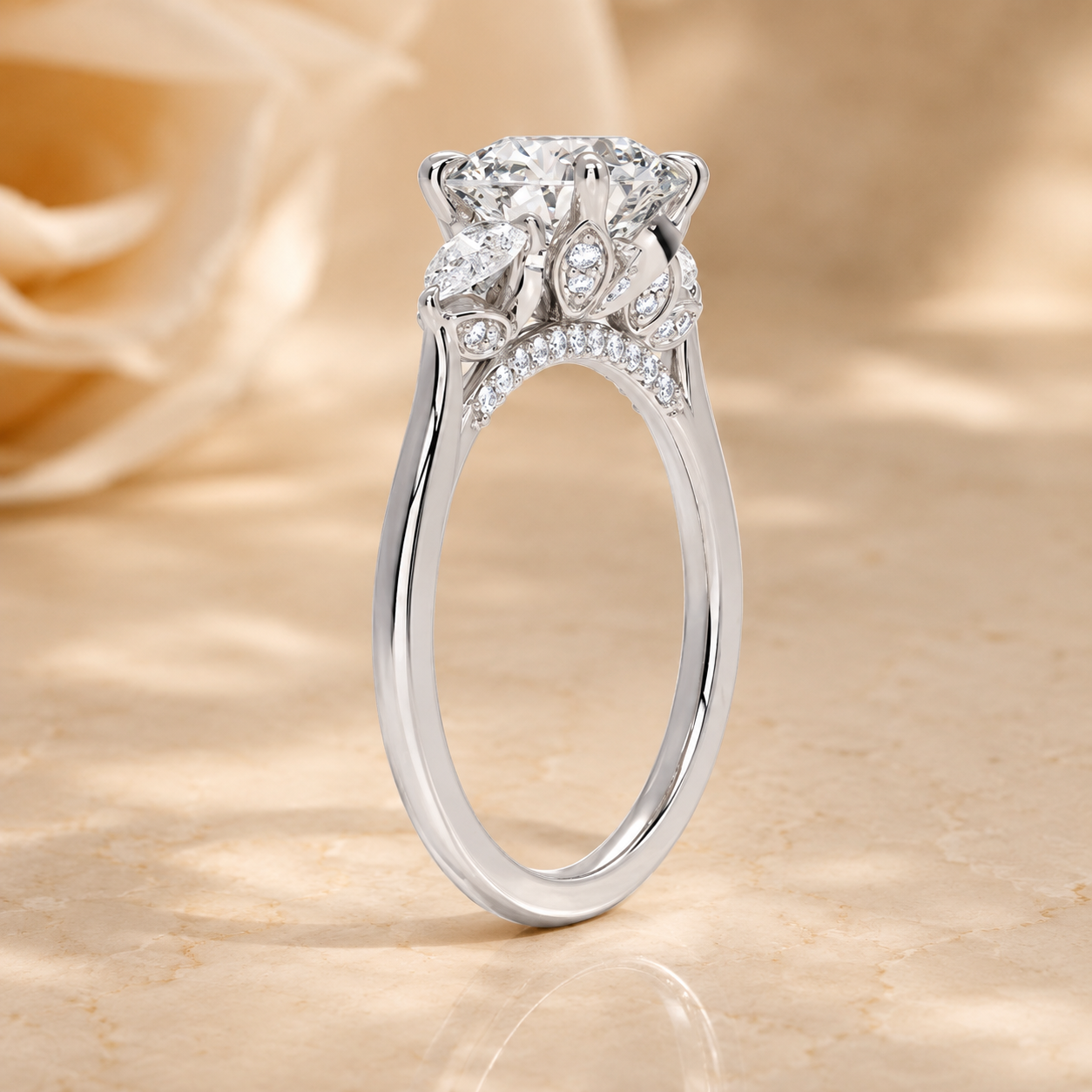 2.00 CT Pear Lab-Grown Diamond Hidden Halo Three Stone Engagement Ring in 14K White Gold – Petal Inspired Botanical Design