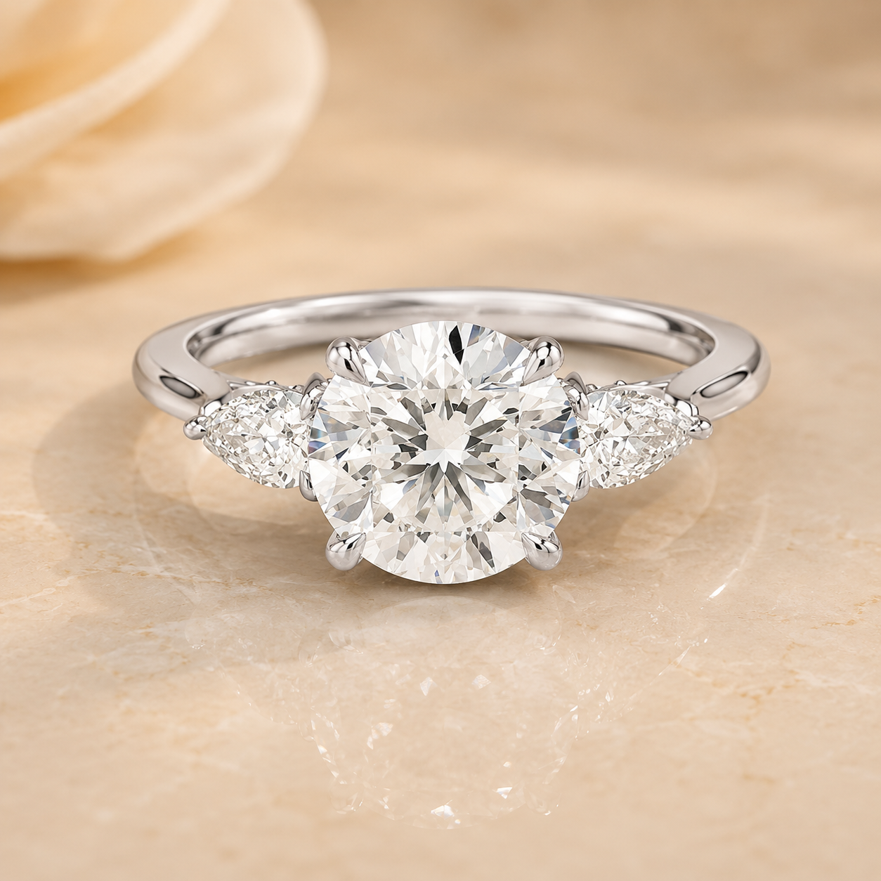 2.00 CT Pear Lab-Grown Diamond Hidden Halo Three Stone Engagement Ring in 14K White Gold – Petal Inspired Botanical Design