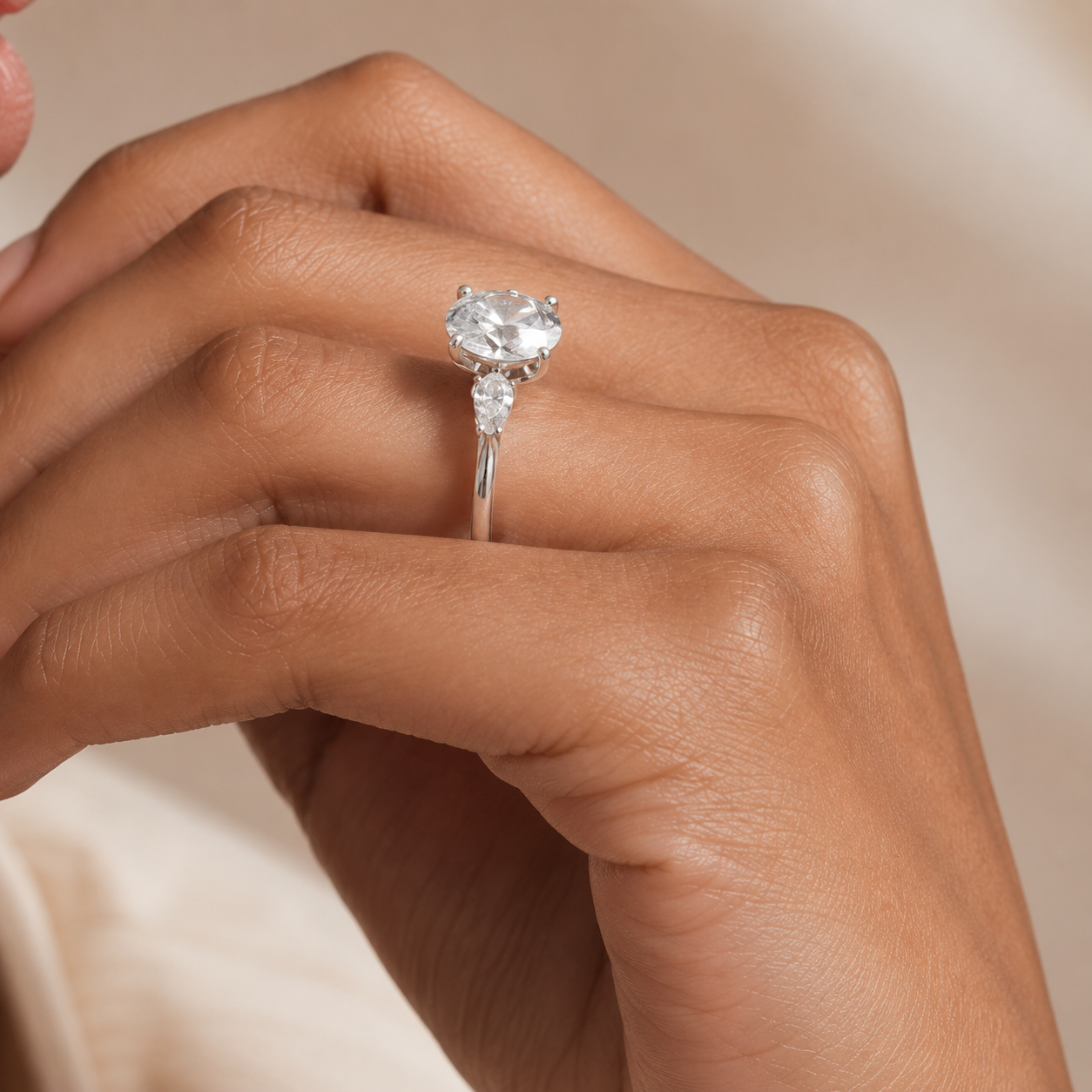 2.00 CT Pear Lab-Grown Diamond Hidden Halo Three Stone Engagement Ring in 14K White Gold – Petal Inspired Botanical Design