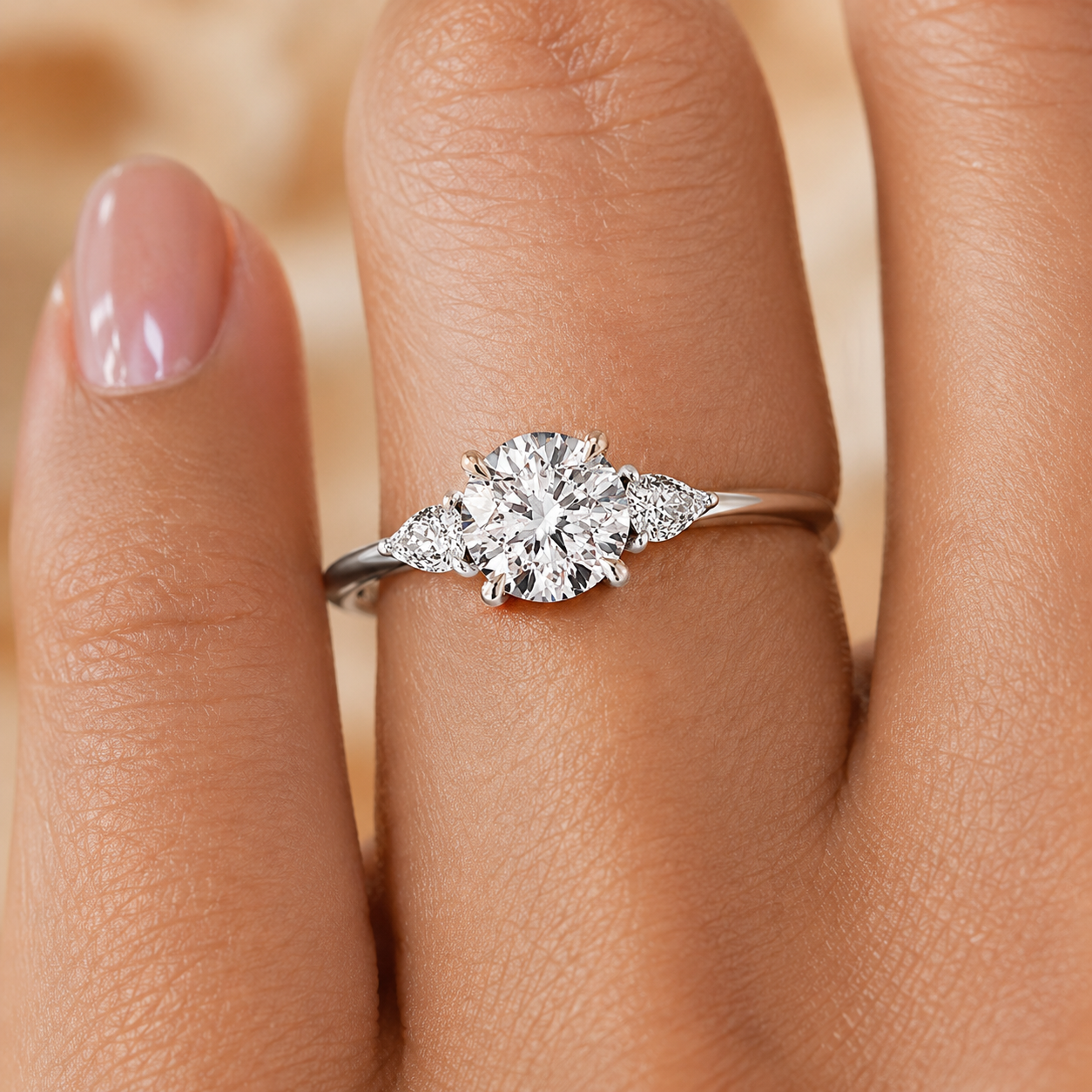 2.00 CT Pear Lab-Grown Diamond Hidden Halo Three Stone Engagement Ring in 14K White Gold – Petal Inspired Botanical Design
