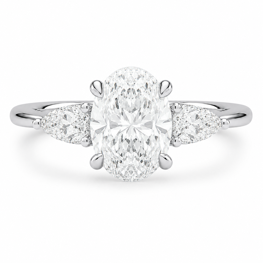 2.00 CT Oval Lab-Grown Diamond Hidden Halo Three-Stone Engagement Ring in 14K White Gold – Adorned Opera Design