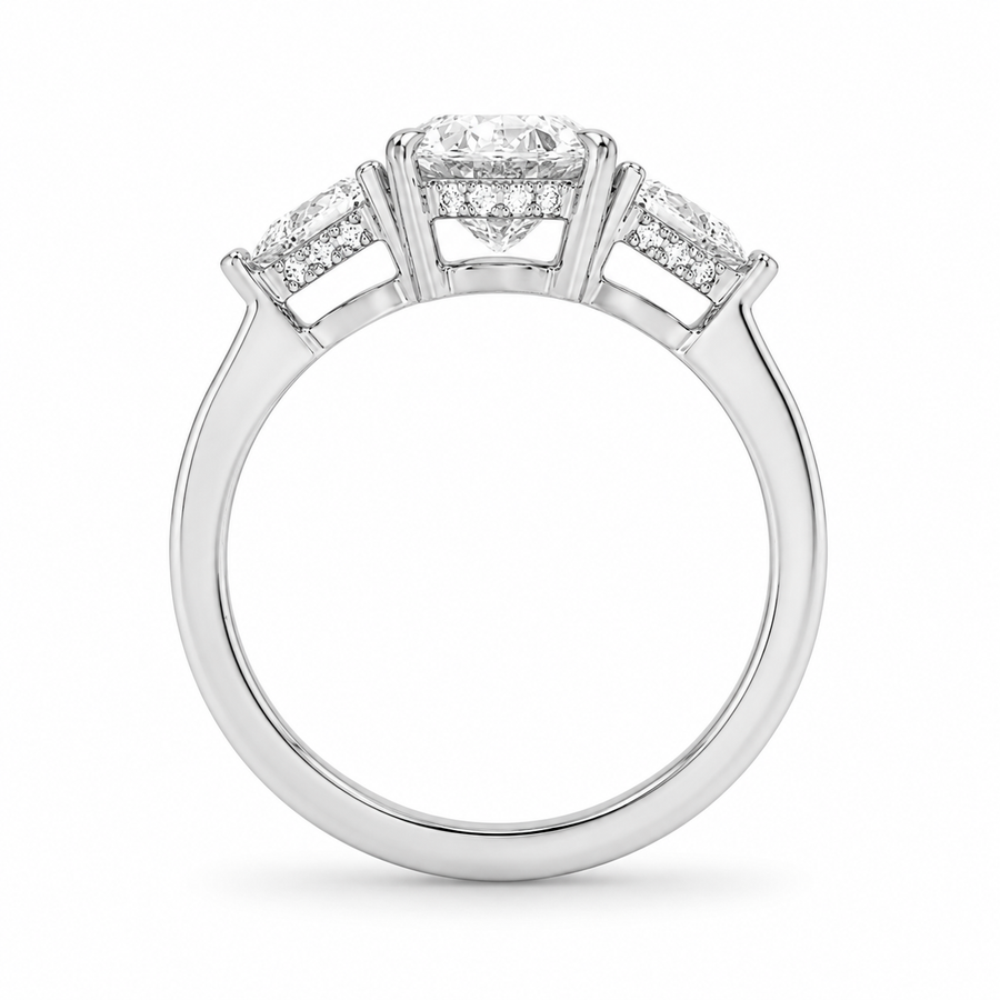 2.00 CT Oval Lab-Grown Diamond Hidden Halo Three-Stone Engagement Ring in 14K White Gold – Adorned Opera Design