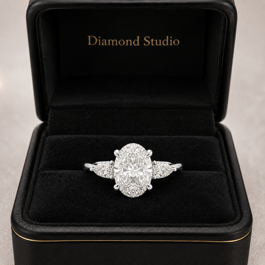 2.00 CT Oval Lab-Grown Diamond Hidden Halo Three-Stone Engagement Ring in 14K White Gold – Adorned Opera Design