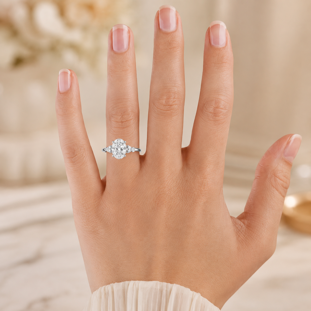 2.00 CT Oval Lab-Grown Diamond Hidden Halo Three-Stone Engagement Ring in 14K White Gold – Adorned Opera Design