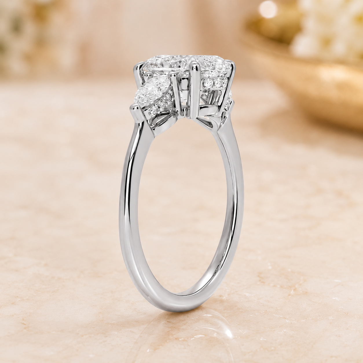 2.00 CT Oval Lab-Grown Diamond Hidden Halo Three-Stone Engagement Ring in 14K White Gold – Adorned Opera Design