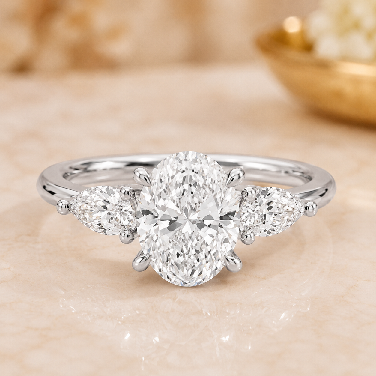 2.00 CT Oval Lab-Grown Diamond Hidden Halo Three-Stone Engagement Ring in 14K White Gold – Adorned Opera Design