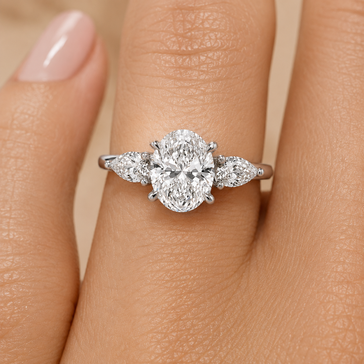 2.00 CT Oval Lab-Grown Diamond Hidden Halo Three-Stone Engagement Ring in 14K White Gold – Adorned Opera Design