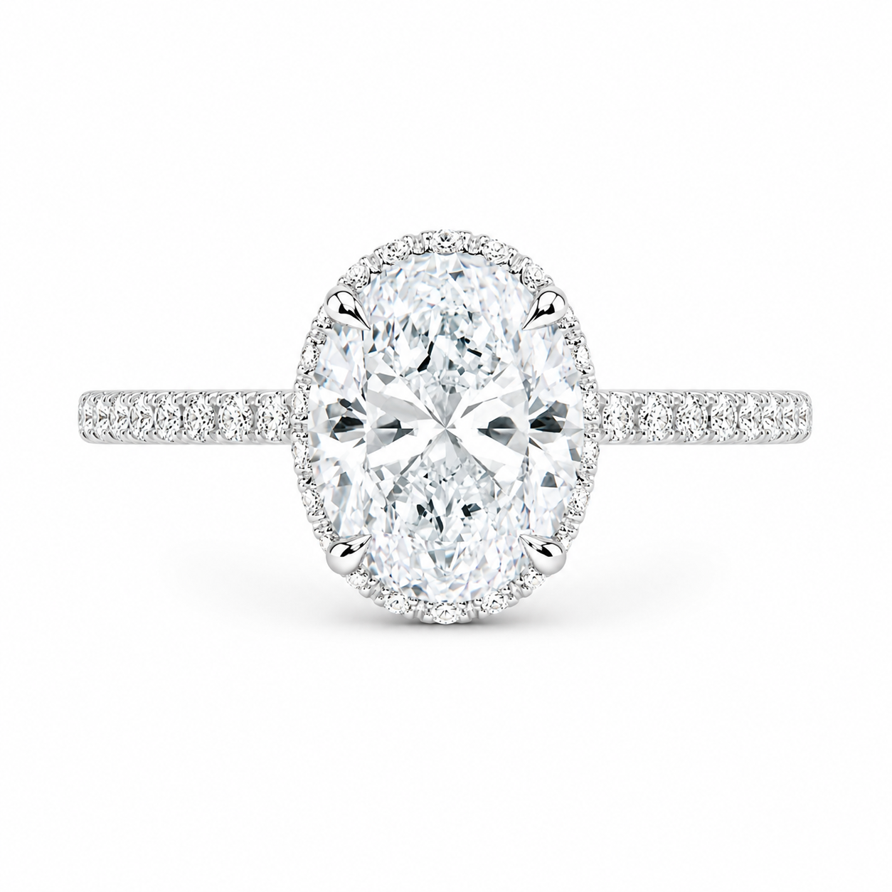 4.00 CT Oval Lab-Grown Diamond Hidden Halo Engagement Ring in 14K White Gold – Gala Pavé Halo Design