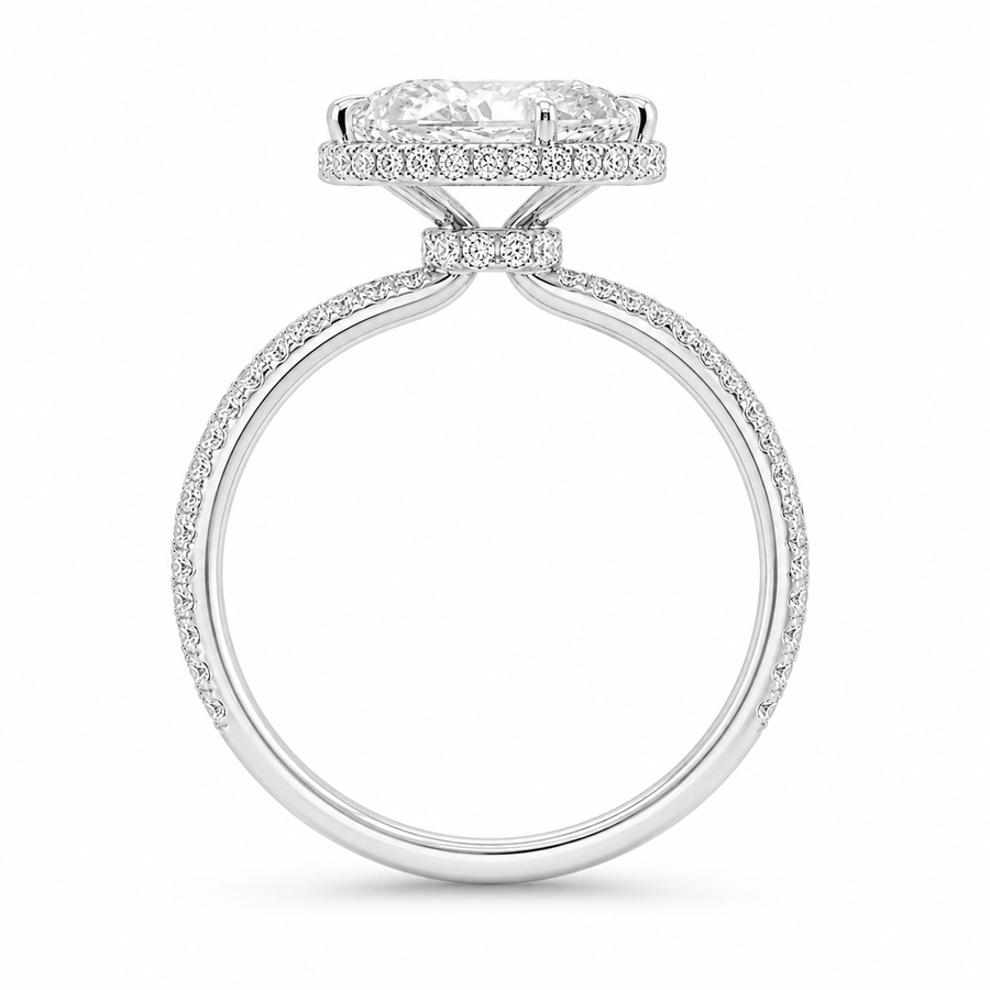4.00 CT Oval Lab-Grown Diamond Hidden Halo Engagement Ring in 14K White Gold – Gala Pavé Halo Design