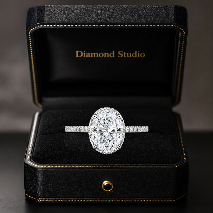 4.00 CT Oval Lab-Grown Diamond Hidden Halo Engagement Ring in 14K White Gold – Gala Pavé Halo Design