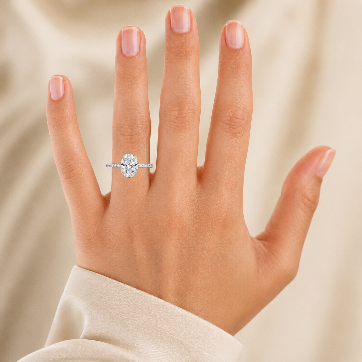 4.00 CT Oval Lab-Grown Diamond Hidden Halo Engagement Ring in 14K White Gold – Gala Pavé Halo Design