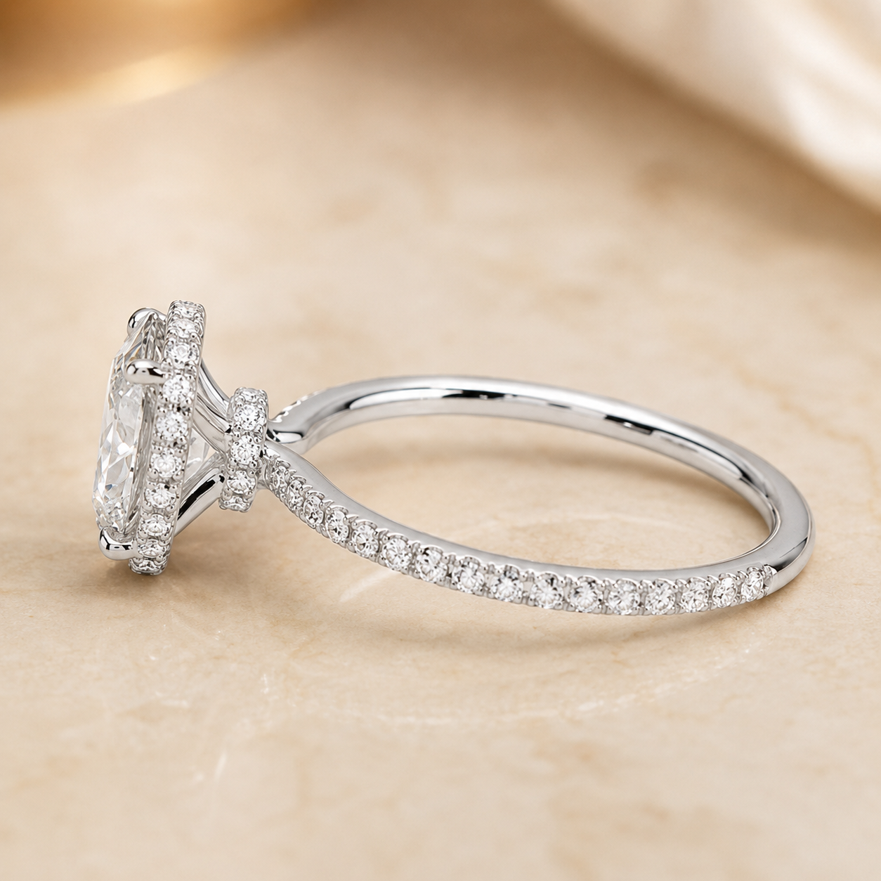 4.00 CT Oval Lab-Grown Diamond Hidden Halo Engagement Ring in 14K White Gold – Gala Pavé Halo Design