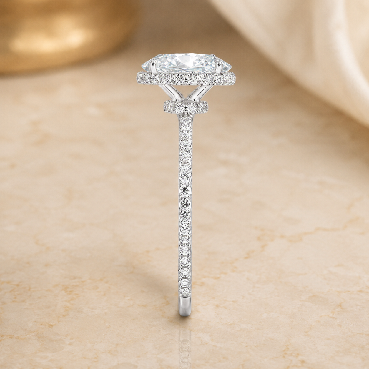 4.00 CT Oval Lab-Grown Diamond Hidden Halo Engagement Ring in 14K White Gold – Gala Pavé Halo Design