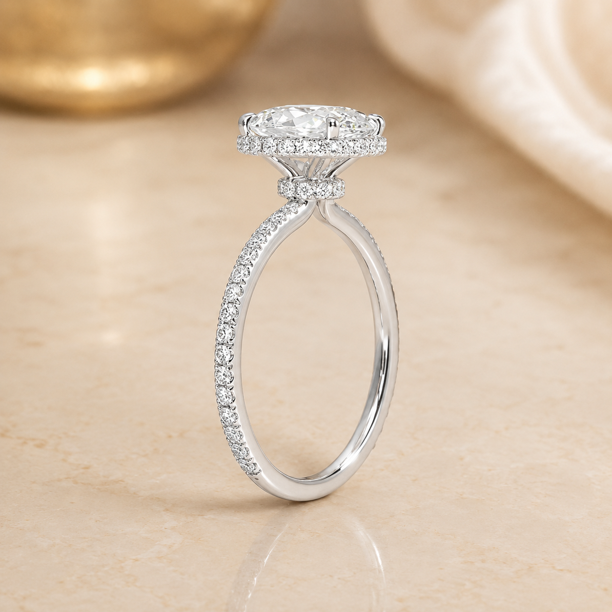 4.00 CT Oval Lab-Grown Diamond Hidden Halo Engagement Ring in 14K White Gold – Gala Pavé Halo Design