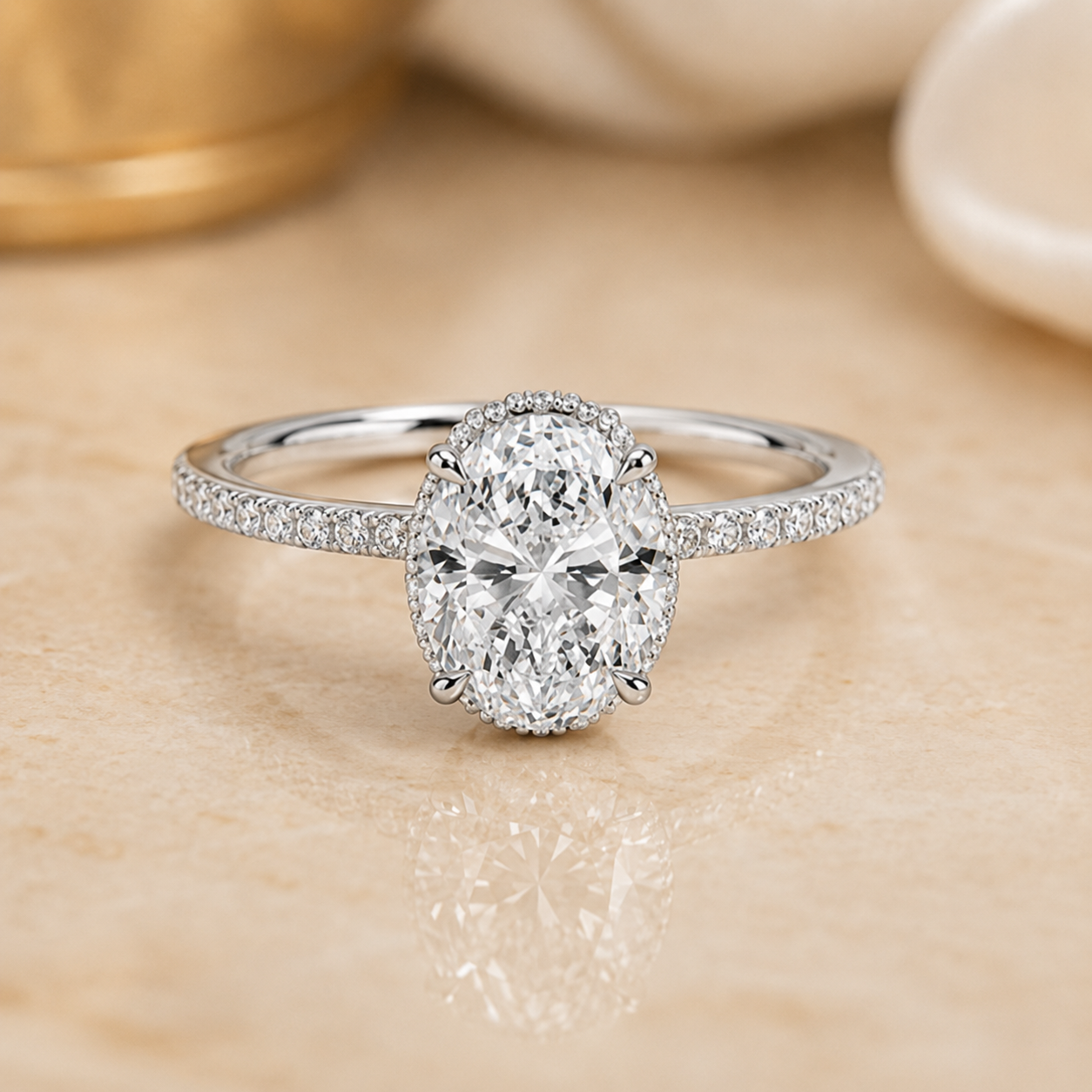 4.00 CT Oval Lab-Grown Diamond Hidden Halo Engagement Ring in 14K White Gold – Gala Pavé Halo Design