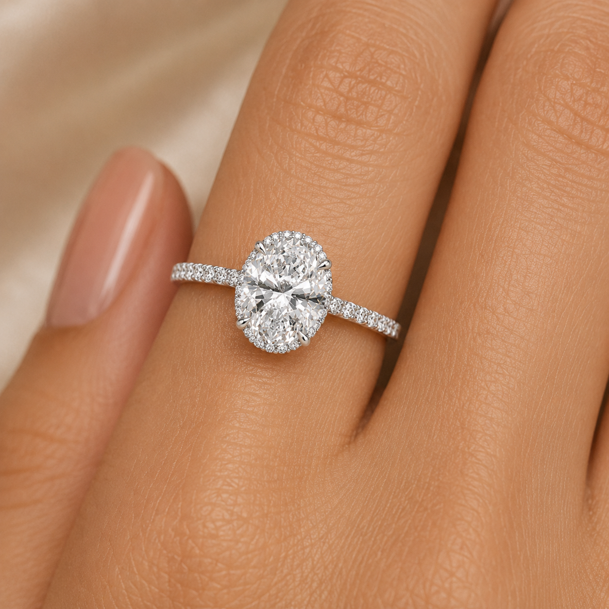 4.00 CT Oval Lab-Grown Diamond Hidden Halo Engagement Ring in 14K White Gold – Gala Pavé Halo Design