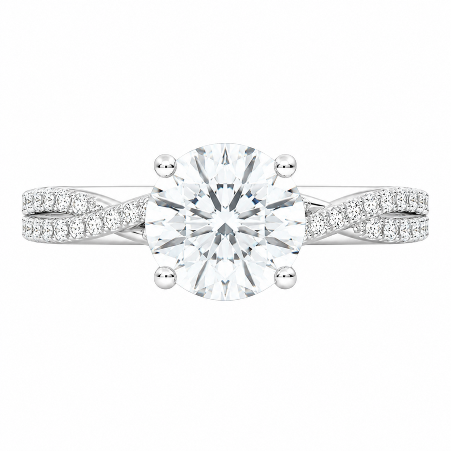 4.00 CT Round Lab-Grown Diamond Petite Twisted Vine Engagement Ring in 14K White Gold – Scalloped Pavé Solitaire Design