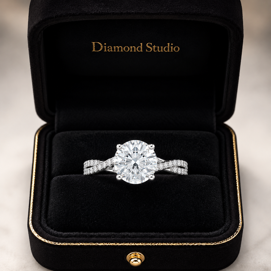 4.00 CT Round Lab-Grown Diamond Petite Twisted Vine Engagement Ring in 14K White Gold – Scalloped Pavé Solitaire Design